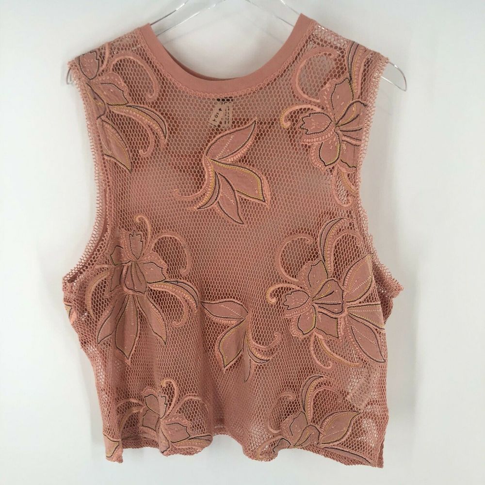 Free People Pink Crochet Net Embroidered Tank Top